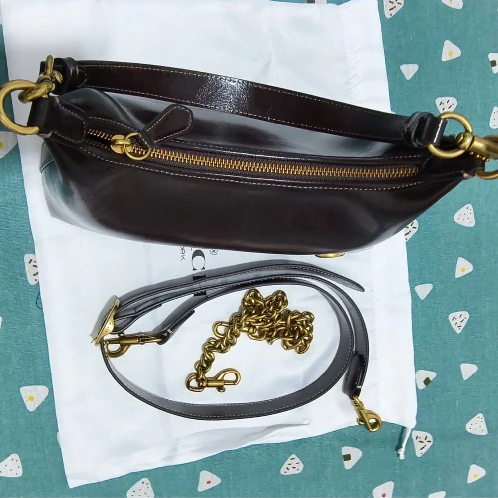 Coach Dark Brown Patent Leather Shoulder Bag with Gold Hardware